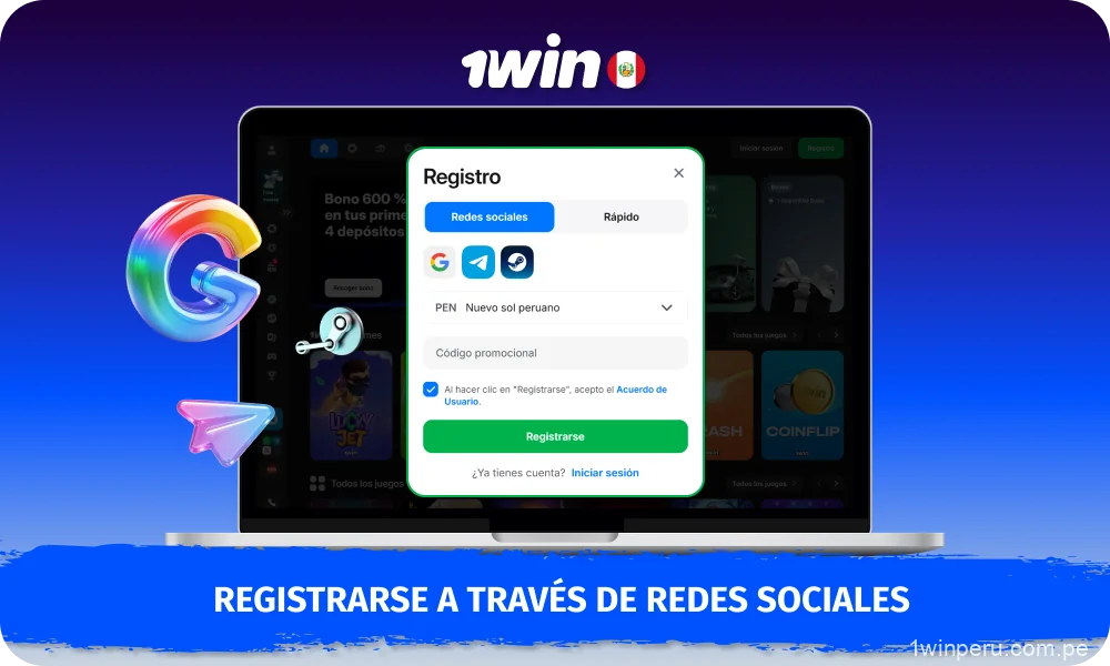 El registro a través de redes sociales en 1win Perú permite crear rápidamente una cuenta iniciando sesión a través de Google, Telegram o Steam